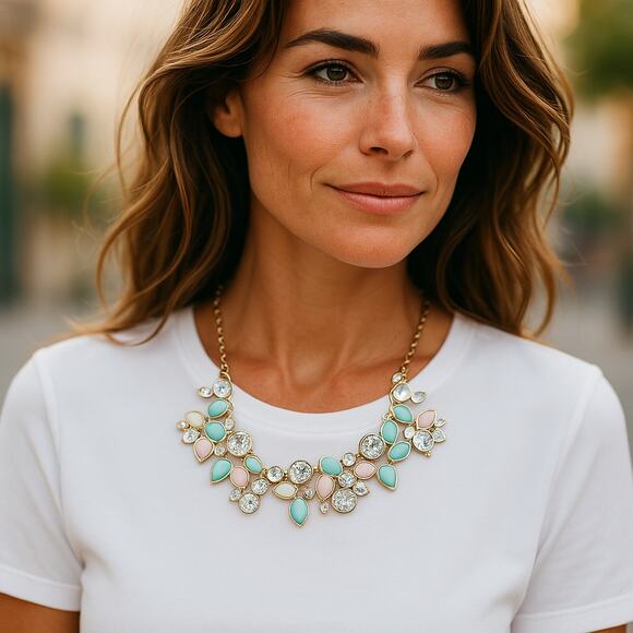 Seafoam Aqua Teal Pink Cream Statement Necklace NEW - Picture 2 of 6